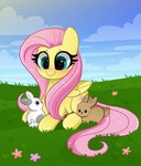 blue_eyes blush brown_body brown_fur cutie_mark feathered_wings feathers female feral flower fur grass group hair hooves long_hair outside pink_hair plant quadruped smile trio white_body white_fur wings yellow_body yellow_feathers yellow_wings kittyrosie friendship_is_magic hasbro my_little_pony mythology fluttershy_(mlp) equid equine horse lagomorph leporid mammal mythological_creature mythological_equine pegasus pony rabbit absurd_res hi_res