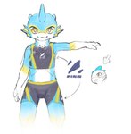 anthro blue_body bottomwear clothing fin front_view logo male orange_eyes shorts smile smooth_skin solo swimwear fishy_fizz mythology aquatic_dragon dragon marine mythological_creature mythological_scalie scalie model_sheet portrait three-quarter_portrait