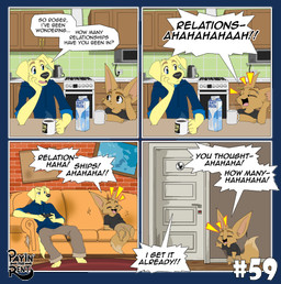 anthro bathroom dialogue duo humor kitchen living_room male sitting speech_bubble standing text ariesartist ben_(ariesartist) roger_(ariesartist) bird_dog canid canine canis domestic_dog fennec_fox fox hunting_dog labrador mammal retriever true_fox 2026 absurd_res alpha_channel comic digital_media_(artwork) english_text hi_res