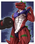 abs anthro bulge clothed clothing clothing_lift dumbbell exercise genitals male muscular muscular_male nipple_outline nipples penis penis_base shirt shirt_lift solo thong topwear underwear vein veiny_penis weightlifting weights workout iudicium86 bandai_namco digimon digimon_(species) dinosaur prehistoric_species reptile scalie tyrannomon 4:5 hi_res