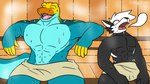 abs anthro big_muscles black_body black_fur blue_body blue_scales bodily_fluids breath duo eyes_closed fur hair happy heat_(temperature) huge_muscles inside male male/male muscular muscular_anthro muscular_male orange_body orange_scales pecs sauna scales size_difference steam sweat towel towel_only white_body white_fur white_hair yellow_body yellow_scales jackallabs nintendo pokemon monroe_lehner noise_(jackallabs) collared_lizard common_collared_lizard generation_7_pokemon lizard lycanroc midnight_lycanroc pokemon_(species) reptile scalie 16:9 2023 digital_drawing_(artwork) digital_media_(artwork) flat_colors hi_res widescreen