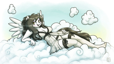 anthro back_wings black_hair blush breasts cleavage clothed clothing cloud ear_piercing eyeshadow feathered_wings feathers female hair hand_on_leg hand_on_own_leg hand_on_own_thigh hand_on_thigh legwear lingerie long_hair looking_at_viewer lounging makeup nightgown open_mouth open_smile panties piercing plantigrade sky smile solo stockings thigh_highs translucent translucent_clothing underwear white_body wings yellow_eyes king-kakapo mythology carrera_sky equid equine mammal mythological_creature mythological_equine pegasus 2018 hi_res