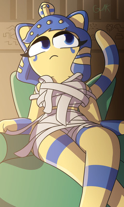 accessory anthro bandage bandaged_chest beads blue_body blue_eyes blue_hair bodypaint breasts chair clothing crossed_legs face_paint female frown furniture gem hair hair_accessory hair_beads jewelry long_tail looking_aside metal_beads one_knee_forward oversized_clothing short_hair sitting solo tail temple thick_thighs wrapped wrappings yellow_body guak animal_crossing nintendo ankha_(animal_crossing) domestic_cat felid feline felis humanoid mammal reptile scalie snake 3:5 absurd_res hi_res