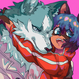 anthro blue_body blue_eyes blue_fur blue_hair brown_body brown_fur clothed clothing duo facial_markings female fur gloves_(marking) hair head_markings jacket male markings mask_(marking) multicolored_body multicolored_fur multicolored_hair pink_background simple_background topwear white_body white_fur uriel_errr brand_new_animal studio_trigger michiru_kagemori shirou_ogami canid canine canis mammal raccoon_dog tanuki wolf 1:1 2020