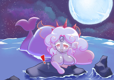 ambiguous_gender big_breasts blue_body blue_scales breasts duo ear_fins exclamation_point eyelashes female fin fish_tail food forehead_gem gem grey_body grey_hair hair long_hair macro moon night open_mouth partially_submerged pink_sclera scales sea sky split_form water white_eyes wide_hips nebeeafterdark cookie_run devsisters white_pearl_cookie aquatic cookie_(cookie_run) food_creature food_humanoid humanoid merfolk 2025 digital_media_(artwork) hi_res
