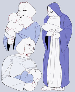 anthro breastfeeding carrying_another clothing cradling daww duo eyelashes eyes_closed female fuzzy good_parenting happy holding_another hood hooded_robe horn looking_at_another male neonate nuzzling robe simple_background sleepwear small_horn smile standing young young_anthro young_male mochimochiland undertale undertale_(series) asriel_dreemurr toriel boss_monster_(undertale) bovid caprine goat mammal 2026 hi_res multiple_images mother_(lore) mother_and_child_(lore) mother_and_son_(lore) parent_(lore) parent_and_child_(lore) parent_and_son_(lore) son_(lore)