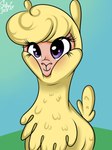 blush eyelashes female feral fur purple_eyes smile solo tail wool_(fur) yellow_body yellow_fur shadowreindeer them's_fightin'_herds paprika_paca_(tfh) alpaca camelid mammal 2018 bust_portrait digital_drawing_(artwork) digital_media_(artwork) hi_res portrait