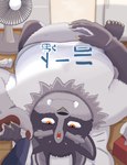 3_eyes anthro belly claws electric_fan fur grey_body grey_fur lying male multi_eye on_back overweight overweight_male pawpads pillow solo tissue tusks inugamihito lifewonders tokyo_afterschool_summoners tsathoggua_(tas) monster hi_res