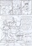 anthro bent_over black_and_white blackmail bodily_fluids bottomwear building bullet_belt canid canine clothing cloud comic crossed_arms crouching dialogue duo english_text female freckles glistening glistening_eyes hair hands_together hybrid kangaroo kitfox-crimson knight_armor long_hair machine macropod male mammal marsupial mecha monochrome open_mouth pants paper pockets ringo_(kitfox-crimson) screwdriver shirt shorts sketch sky stolen_generation sugar_(kitfox-crimson) sweat sweatdrop tank_top text tools topwear upgrade window