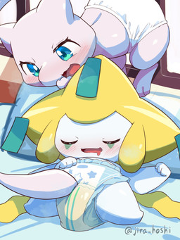 ambiguous_gender anthro bedwetting blush bodily_fluids clothing diaper drooling duo genital_fluids panties saliva sleeping smile unclean_diaper underwear urine used_diaper wet_diaper wetting wadorigi nintendo pokemon generation_1_pokemon generation_3_pokemon jirachi legendary_pokemon mew_(pokemon) pokemon_(species) absurd_res hi_res