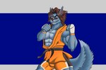 abs anthro athletic_wear black_sclera blue_body blue_fur bottomwear brown_hair bulge claws clothing fighting_gloves fighting_pose fur gym_bottomwear gym_shorts hair karate_belt male martial_arts_uniform muscular orange_clothing orange_eyes pose shorts showing_teeth solo sportswear spread_legs spreading tight_bottomwear tight_clothing tight_shorts blue_dingolf etsuya_lynagh canid canine canis dingo mammal wolf 3:2 hi_res