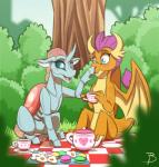 beverage blush boop cake container cookie cup dessert dragon_wings duo fangs female female/female feral food horn insect_wings macaroon nose_boop picnic sitting tail tea tea_cup teeth wings inuhoshi-to-darkpen friendship_is_magic hasbro my_little_pony mythology ocellus_(mlp) smolder_(mlp) arthropod changeling dragon mythological_creature mythological_scalie scalie 2020