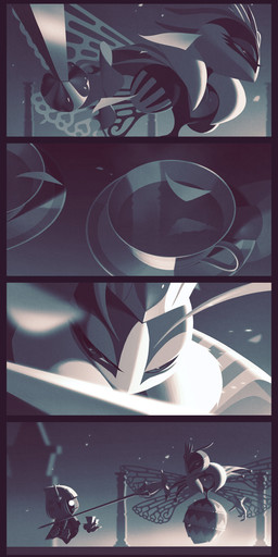 4_panel_comic 4_wings 6_hands 8_eyes ambiguous_gender antennae_(anatomy) anthro arthropod_abdomen beverage black_border border building castle clothing container crown cup cute_fangs detailed_background duo empty_eyes eye_contact eyelashes eyeshadow fangs female floating_hands gloves handwear headgear heart_symbol holding_beverage holding_melee_weapon holding_object holding_sword holding_weapon insect_wings legless looking_at_another looking_back looking_back_at_another makeup melee_weapon moon mouthless multi_eye multi_hand multi_wing narrowed_eyes night outside petals pillar plate pointing_sword rapier reflection scarf size_difference steam sword tea tea_cup teeth threatening threatening_with_weapon tower weapon white_eyes wings 5health kirby:_triple_deluxe kirby_(series) nintendo queen_sectonia taranza arachnid arthropod hymenopteran insect spider spidr wasp 2021 absurd_res comic digital_drawing_(artwork) digital_media_(artwork) hi_res monochrome