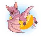 anthro anus female food fruit fur genitals membrane_(anatomy) membranous_wings orange_(fruit) pawpads pink_body pink_fur pink_tongue plant purple_eyes purple_pawpads pussy simple_background solo tongue wings leafhoof fruit_slice_(yurusa) bat mammal