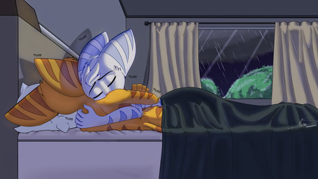 anthro bed bed_sheet bedding bedroom breasts butt duo eyes_closed female fur furniture hug inside male male/female markings nude nude_female nude_male pillow pink_nose purring raining ring_(marking) ringed_tail striped_body striped_fur striped_markings striped_tail stripes tail tail_markings thin_tail white_body white_fur window yellow_body yellow_fur maximuseditor ratchet_and_clank sony_corporation sony_interactive_entertainment ratchet_(ratchet_and_clank) rivet_(ratchet_and_clank) lombax mammal 16:9 4k absurd_res hi_res widescreen