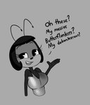 antennae_(anatomy) anthro big_breasts black_hair black_nose breasts cleavage clothed clothing dialogue female hair half-closed_eyes looking_at_viewer narrowed_eyes open_mouth pie_cut_eyes solo teeth text tongue tjpones if_(2024) paramount_pictures blossom_(if) arthropod insect 2024 absurd_res english_text greyscale hi_res monochrome