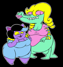 anthro belly big_belly big_breasts black_background blonde_hair breasts duo female green_body hair non-mammal_breasts overweight overweight_anthro overweight_female purple_body simple_background thick_thighs wide_hips agouti-rex undertale_(series) bratty_(undertale) catty_cattenheimer alligator alligatorid crocodilian domestic_cat felid feline felis mammal reptile scalie 2015 digital_media_(artwork)