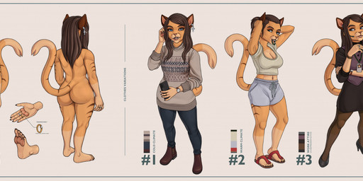 anthro bottomwear breasts brown_body brown_fur brown_hair business_attire butt cellphone clothing digit_ring ear_piercing electronics featureless_breasts featureless_crotch female finger_ring footwear fur grey_clothing grey_sweater grey_topwear hair high_heels holding_object holding_phone id_tag jewelry nude pants pawpads phone piercing plantigrade sandals shirt shoes shorts skirt smartphone smile solo standing sweater tail text topwear ncproductions stella_(ncproductions) domestic_cat felid feline felis mammal 2025 digital_media_(artwork) english_text hi_res model_sheet