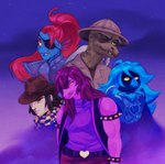 anthro armor blue_body blue_hair blue_skin body_freckles brown_hair clothing cowboy cowboy_hat eye_patch eyewear female freckles group hair hat headgear headwear male night ponytail pupils purple_body purple_skin red_hair sky slit_pupils star yellow_eyes darkriallet deltarune mythology undertale_(series) undertale_yellow clover_(undertale_yellow) gerson martlet_(undertale_yellow) martlet_(zenith_form) susie_(deltarune) undyne avian dragon fish human humanoid mammal marine mythological_creature mythological_scalie reptile scalie turtle absurd_res hi_res