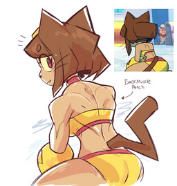 anthro back_groove bikini breasts brown_body brown_hair butt clothing emanata eyewear eyewear_on_head female goggles goggles_on_head hair magenta_eyes solo swimwear two-piece_swimsuit whiskers yellow_sclera beezii gameoverse glitch_productions kit_bodega domestic_cat felid feline felis mammal 2026 hi_res