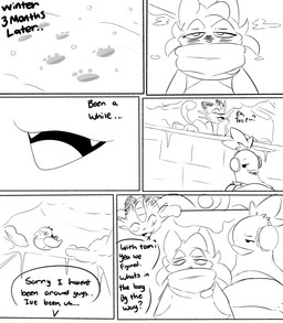 anthro dialogue earmuffs fangs female footprint group hand_on_chin leaning leaning_backward leaning_on_wall male pawprint plant scarf smile smirk snow teeth text tree trio wall_(structure) winter spicykiwi nintendo pokemon tulip_(spicykiwi) tyler_(spicykiwi) combusken floragato generation_1_pokemon generation_3_pokemon generation_5_pokemon generation_9_pokemon meowth pidove pokemon_(species) absurd_res comic english_text hi_res monochrome story