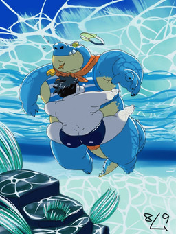 anthro belly blue_body blue_scales butt clothing duo hat headgear headwear male male/male overweight overweight_male scales speedo swimming swimwear underwater visor_cap water devour1129 lifewonders tokyo_afterschool_summoners chubby_protagonist_(tas) makara_(tas) protagonist_(tas) crocodile crocodilian human mammal reptile scalie 3:4 hi_res