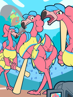 anthro anus big_breasts breasts butt exhibitionism exposed female group nude presenting presenting_anus presenting_hindquarters spreading ikakins brand_new_animal studio_trigger the_pink_flamingos_(brand_new_animal) avian bird flamingo 3:4 absurd_res hi_res