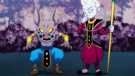 anthro chibi claws clothed clothing duo ear_piercing forest forest_background gold_(metal) gold_jewelry hair hairless jewelry male nature nature_background piercing plant shocked staff tail tree prismanoodle dragon_ball dragon_ball_daima dragon_ball_super beerus whis angel domestic_cat felid feline felis god_of_destruction hairless_cat humanoid mammal sphynx_(cat) 16:9 cel_shading hi_res shaded widescreen