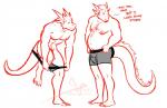 5_toes anthro barefoot barely_visible_genitalia barely_visible_penis biped blush body_hair bottomwear boxers_(clothing) bulge chest_hair claws clothed clothing dialogue dot_eyes dressing duo ellipsis feet front_view furgonomic_bottomwear furgonomic_underwear furgonomics genitals grey_bottomwear grey_clothing grey_underwear horn long_tail male male/male muscular muscular_male nipples on_one_leg overweight overweight_male penis plantigrade simple_background simple_eyes slightly_chubby smile snout standing tail text toe_claws toes topless underwear white_background bgn mythology jaq_(bgn) josh_(bgn) dragon mythological_creature mythological_scalie scalie 2013 digital_media_(artwork) english_text monochrome red_and_white signature spot_color