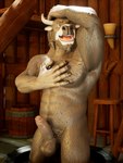 anthro bathing beard brown_body brown_fur erection facial_hair fur happy horn male muscular muscular_male showering smile solo viking_village wet wet_body wet_fur buruthebull bovid bovine cattle mammal 3:4 3d_(artwork) absurd_res digital_media_(artwork) hi_res