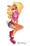 anthro blonde_hair breasts clothing eyeshadow female footwear green_eyes hair heart_symbol long_hair makeup one_eye_closed simple_background smile solo white_background wink nitroneato activision crash_bandicoot_(series) crash_bandicoot tawna_bandicoot bandicoot mammal marsupial 2020 hi_res signature