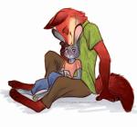 anthro barefoot blush bottomwear clothing duo eyes_closed feet female holding_object licking male pants shirt simple_background sitting size_difference smile surprise tongue tongue_out topwear white_background wide_eyed samaella disney zootopia judy_hopps nick_wilde canid canine fox lagomorph leporid mammal rabbit red_fox true_fox 2016 hi_res