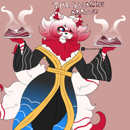 anthro asian_clothing blue_eyes breasts clothing east_asian_clothing female food hair holding_food holding_object inner_ear_fluff japanese_clothing kimono lips mane markings medium_breasts multi_tail multicolored_hair one_eye_closed red_hair red_lips solo tail tuft two_tone_hair white_body white_hair zortrex kiriko_(zortrex) canid canine fox fox_spirit mammal absurd_res hi_res