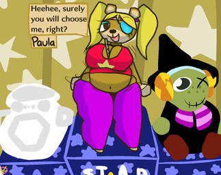 anthro big_breasts breasts cleavage clothed clothing cosplay costume doll eyeshadow female half-closed_eyes looking_at_viewer makeup male male/female narrowed_eyes object_between_breasts one_eye_closed seductive solo text thick_thighs tight_clothing wide_hips wink winking_at_viewer klutzatdusk animal_crossing banjo-kazooie nintendo rareware cashmere_(animal_crossing) paula_(animal_crossing) tooty bear mammal english_text hi_res
