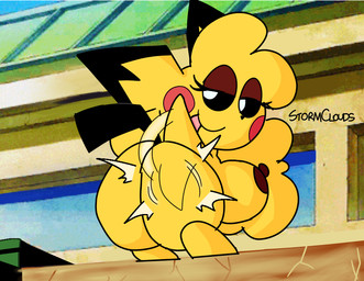 big_breasts black_sclera blonde_hair breasts brown_eyeshadow brown_nipples butt butt_focus butt_slap eyelashes eyeshadow female fur hair looking_at_viewer makeup nipples nude nude_female presenting presenting_hindquarters rear_view screencap_redraw slap smile solo tail teasing tongue tongue_out white_eyes yellow_body yellow_fur filthycottonart unfortu-nate game_freak nintendo pokemon generation_2_pokemon pichu pokemon_(species) 2023 digital_drawing_(artwork) digital_media_(artwork) meme redraw