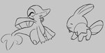 ambiguous_gender duo female feral innocence innocent_expression innocent_smile male male/female smile smiling_at_another tail mrmystery_guy nintendo pokemon generation_3_pokemon generation_5_pokemon mudkip pokemon_(species) snivy monochrome