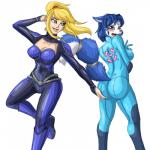 1:1 accessory alternate_costume anthro big_breasts big_butt black_clothing black_nose blonde_hair blue_body blue_clothing blue_eyes blue_fur blue_hair blue_tail blush bodysuit breasts butt butt_grab camel_toe canid canine cheek_tuft cleavage clothed clothing clothing_swap cosplay crossover crossover_cosplay curvy_figure digital_media_(artwork) duo ear_tuft ears_back embarrassed emerald_(gem) eyebrows eyelashes facial_tuft female female/female fluffy fluffy_tail fox fur furgonomics gem green_eyes grope hair hair_accessory hairband half-closed_eyes hand_on_butt heresy_(artist) hi_res hourglass_figure human jewelry krystal's_suit krystal_(star_fox) latex lips long_hair looking_aside looking_at_another looking_back mammal metroid multicolored_body multicolored_fur multicolored_tail narrowed_eyes nintendo on_one_leg open_mouth pale_skin pink_lips pink_tongue pivoted_ears ponytail rear_view samus_aran shaded short_hair silver_(metal) silver_jewelry simple_background skimpy skinsuit slim small_waist smile snout standing star_fox tail tail_accessory tail_jewelry tailband teeth tight_clothing tongue tuft white_background white_body white_fur white_tail wide_hips zero_suit