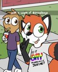 anthro brown_eyes clothed clothing duo fur green_eyes hair lgbt_pride looking_at_viewer male outside selfie six-stripe_rainbow_pride_colors text tongue tongue_out walking young young_anthro pokefound jimmy_(pokefound) randy_(pokefound) canid canine fox lagomorph leporid mammal rabbit 2020 4:5 digital_media_(artwork) english_text