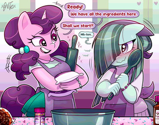 anthro apron blush bowl clothing container cutlery duo female grey_body grey_hair grey_tail hair heart_eyes heart_symbol horn kitchen_utensils motion_lines pink_body purple_eyes purple_hair purple_tail rolling_pin spoon sprinkles tail text tools xconitox friendship_is_magic hasbro my_little_pony mythology marble_pie_(mlp) sugar_belle_(mlp) earth_pony equid equine horse mammal mythological_creature mythological_equine pony unicorn english_text hi_res