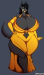 2018 absurd_res anthro anubian_jackal bedroom_eyes big_breasts black_body black_fur black_hair black_nose breasts brown_eyes canid canine canis cleavage clothed clothing curvy_figure digital_media_(artwork) dress female fur gloves gold_dress gold_lipstick hair handwear hi_res huge_breasts hyper hyper_breasts jackal lips lipstick long_hair looking_at_viewer makeup mammal narrowed_eyes navel rachael_wilde_(lildredre) seductive simple_background smile solo standing superix thick_lips thick_thighs voluptuous wide_hips