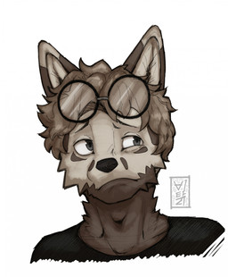 anthro brown_hair countershade_face countershading dipstick_ears ear_markings eyewear glasses hair male multicolored_ears solo vitaliachiever gamma_wolf_(vitaliachiever) canid canine canis mammal wolf bust_portrait hi_res portrait signature