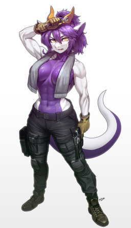 5_fingers anthro black_bottomwear black_clothing black_pants boots bottomwear breasts clothed clothing female fingers footwear gloves gun handwear horn muscular muscular_anthro muscular_female pants plantigrade ranged_weapon shoes solo strategically_covered tail tools topless towel weapon wrench pgm300 mythology rikari_nagano dragon mythological_creature mythological_scalie scalie wingless_dragon 2023 absurd_res digital_media_(artwork) hi_res