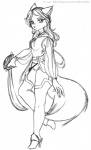 anthro female holding_melee_weapon holding_object holding_sword holding_weapon looking_at_viewer melee_weapon pirate simple_background solo sword tail weapon white_background fox_lee canid canine fox mammal black_and_white monochrome sketch