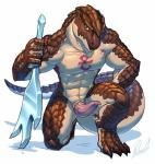 abs animal_genitalia animal_penis anthro bald barefoot belly biceps biped bodily_fluids brown_body brown_eyes brown_scales brown_tail erection feet frost_pain genital_fluids genital_slit genitals hand_on_leg hand_on_thigh head_down holding_melee_weapon holding_object holding_sword holding_weapon kneeling long_tail looking_at_viewer looking_up male markings melee_weapon multicolored_body multicolored_scales multicolored_tail muscular muscular_anthro muscular_male nude on_one_knee pecs penis pink_penis precum pupils scales shadow simple_background slit_pupils snout solo sword tail tan_belly tan_body tan_scales tan_tail tapering_penis tattoo thick_penis thick_tail tribal tribal_tattoo urethra vein veiny_penis weapon white_background rollwulf overlord_(series) zaryusu_shasha lizard lizardman lizardman_(overlord) reptile scalie 2018 absurd_res digital_media_(artwork) hi_res signature smaller_version_at_source