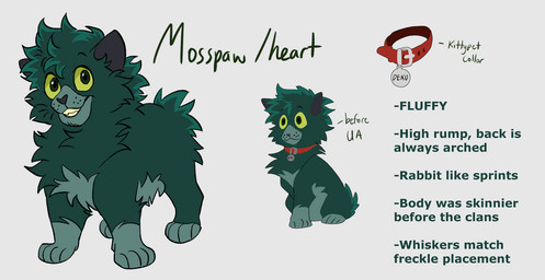 ambiguous_gender collar feral feralized fluffy freckles fur green_body green_eyes green_fur green_sclera red_collar short_tail simple_background smile solo stocky tail text white_background segamastergirl my_hero_academia warriors_(book_series) izuku_midoriya domestic_cat felid feline felis mammal crossover english_text model_sheet