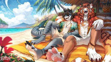 4_toes 5_toes anthro barefoot beach blue_body blue_eyes blue_sky bottomwear brown_hair clothed clothing cloud duo eyes_closed eyewear fangs feet flower fluffy_paws fur glasses glistening glistening_eyes hair hindpaw jewelry male markings navel necklace open_clothing open_mouth open_smile open_topwear orange_body orange_fur palm_tree pattern_clothing pattern_topwear pawpads paws pink_pawpads plant rectangular_glasses red_flower round_glasses seaside shorts sitting sky smile soles striped_legs striped_markings striped_tail stripes tail tail_markings tan_bottomwear tan_clothing tan_shorts teeth toes topwear tree water wearing_glasses white_body white_bottomwear white_clothing white_fur white_shorts penguinexperience alcepiade aquatic felkin fish shark species_request 16:9 hi_res signature widescreen