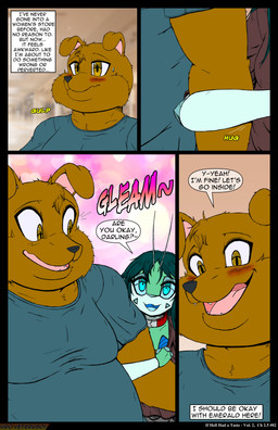 antennae_(anatomy) anthro blush bodily_fluids brown_body brown_fur clothing collar dialogue_box duo female fur green_hair hair male overweight overweight_anthro overweight_male shirt sweat teal_eyes teeth text topwear yellow_eyes viroveteruscy if_hell_had_a_taste andy_walters emerald_(viroveteruscy) arthropod canid canine canis domestic_dog insect mammal mantis 2026 absurd_res comic digital_media_(artwork) english_text hi_res