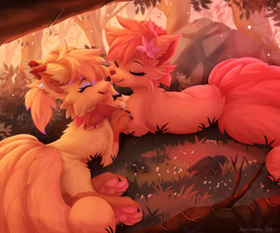 6_tails accessory arm_tuft big_tail blep boulder branch brown_body brown_fur cheek_tuft cherry_blossom claws collar duo ear_piercing elbow_tuft eyeliner eyes_closed face_lick facial_tuft fallen_tree female feral flower flower_in_hair fluffy fluffy_chest fluffy_hair fluffy_tail forest forest_background fur fur_markings grass hair hair_accessory happy licking light long_hair lying makeup markings multi_tail nature nature_background neck_tuft on_front on_side open_mouth orange_body orange_fur paws piercing plant ponytail prunus_(flower) rock short_hair smile smiling_at_another tail teeth tongue tongue_out tree tuft joeumbre nintendo pokemon emi_(joeumbre) fan_character rei_(seththetales) canid canine generation_1_pokemon mammal pokemon_(species) vulpix colored digital_drawing_(artwork) digital_media_(artwork) hi_res lighting