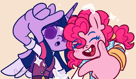 anthro blush buckteeth curly_hair duo female gesture hair hand_gesture heart_symbol horn open_mouth simple_background sparkles teeth wings butterfly_mark friendship_is_magic hasbro my_little_pony mythology pinkie_pie_(mlp) twilight_sparkle_(mlp) earth_pony equid equine horse mammal mythological_creature mythological_equine pony winged_unicorn hi_res
