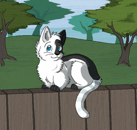 ambiguous_gender black_body black_fur black_nose blue_eyes blue_sky day detailed_background digitigrade eyebrows fence feral fur grass grey_body grey_fur head_tuft markings outside paws plant ring_(marking) ringed_tail sitting sky smile solo striped_markings striped_tail stripes tail tail_markings tree tuft whiskers white_body white_fur white_whiskers sebdoggo domestic_cat felid feline felis mammal 2012 aliasing cel_shading digital_drawing_(artwork) digital_media_(artwork) full-length_portrait microsoft_paint_(artwork) portrait shaded
